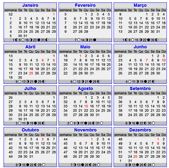 Calendário 2012 com semanas